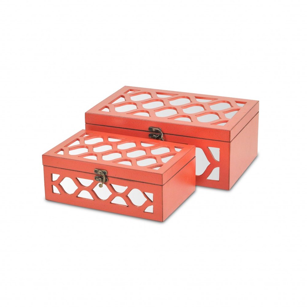 Set of Two Orange Mirrored Glass And Solid Wood Box With Lid HomeRoots