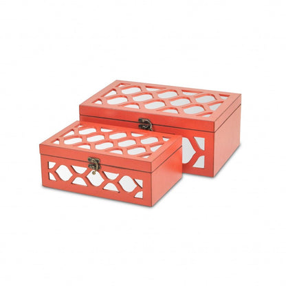 Set of Two Orange Mirrored Glass And Solid Wood Box With Lid HomeRoots