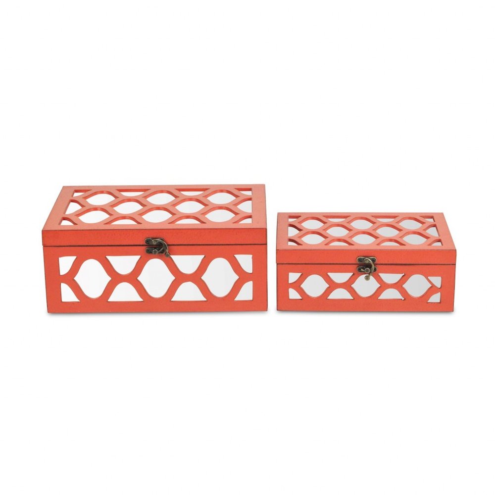 Set of Two Orange Mirrored Glass And Solid Wood Box With Lid HomeRoots