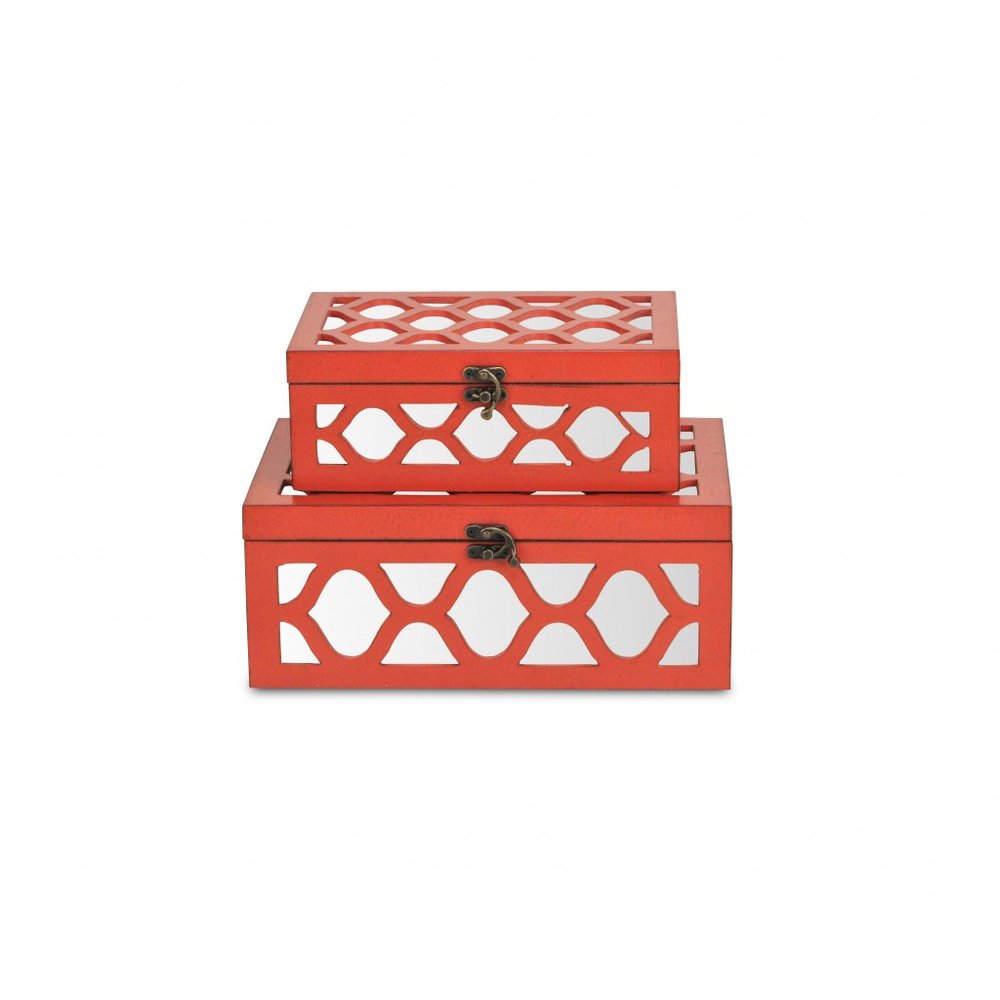 Set of Two Orange Mirrored Glass And Solid Wood Box With Lid HomeRoots
