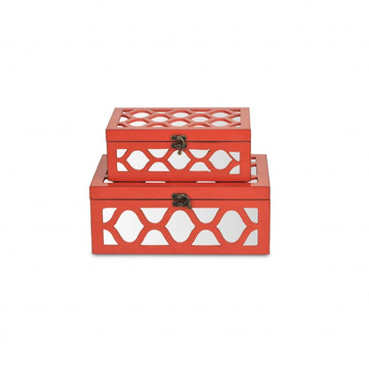 Set of Two Orange Mirrored Glass And Solid Wood Box With Lid HomeRoots