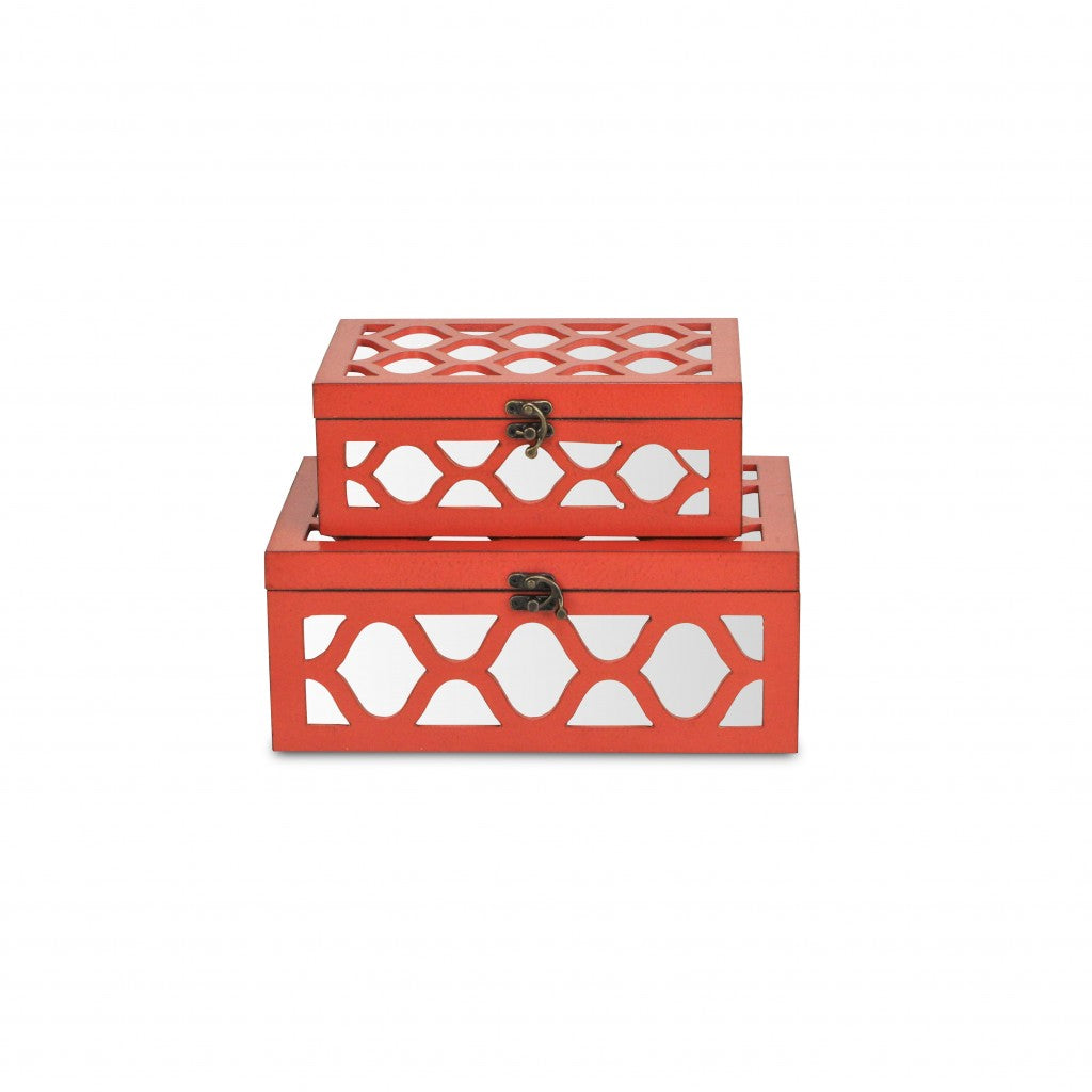 Set of Coral Quatrefoil Mirror Jewelry Storage Boxes