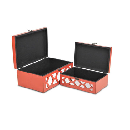 Set of Two Orange Mirrored Glass And Solid Wood Box With Lid HomeRoots