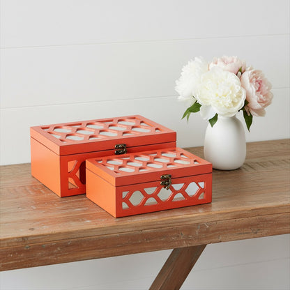 Set of Two Orange Mirrored Glass And Solid Wood Box With Lid HomeRoots