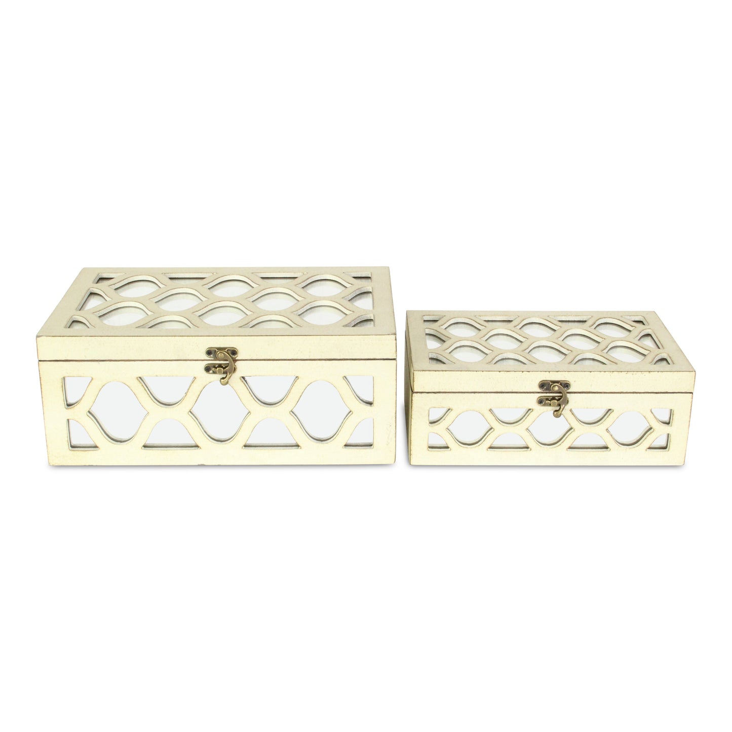 Set of White Quatrefoil Mirror Jewelry Storage Boxes