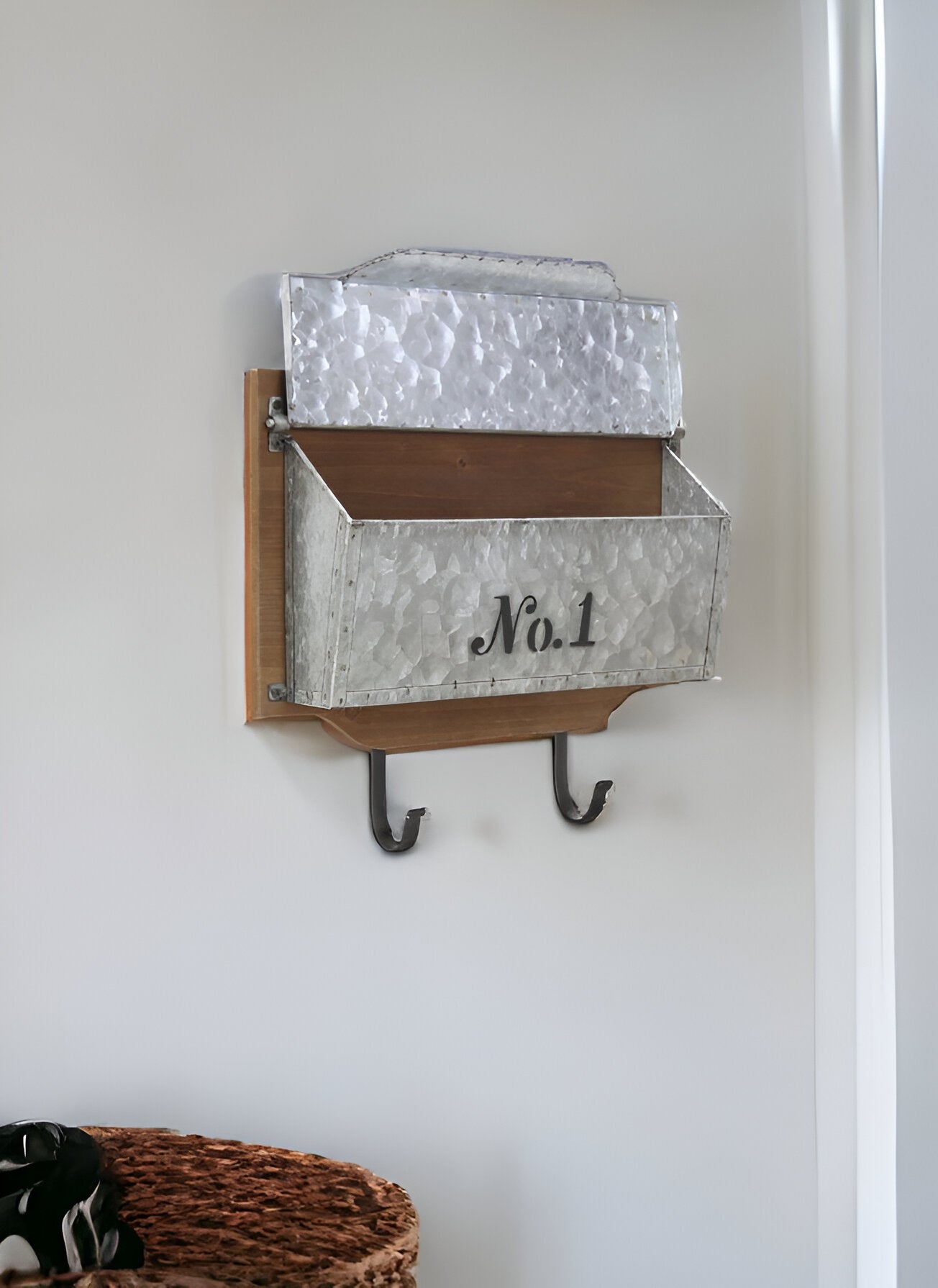 14" Galvanized Metal Wall Hanging Mailbox with Metal Hooks