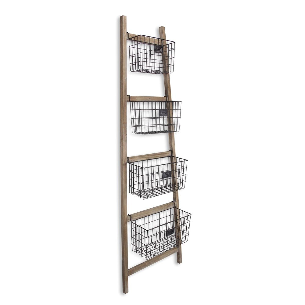 73" Natural And Black Wood And Metal Storage Ladder With Baskets HomeRoots