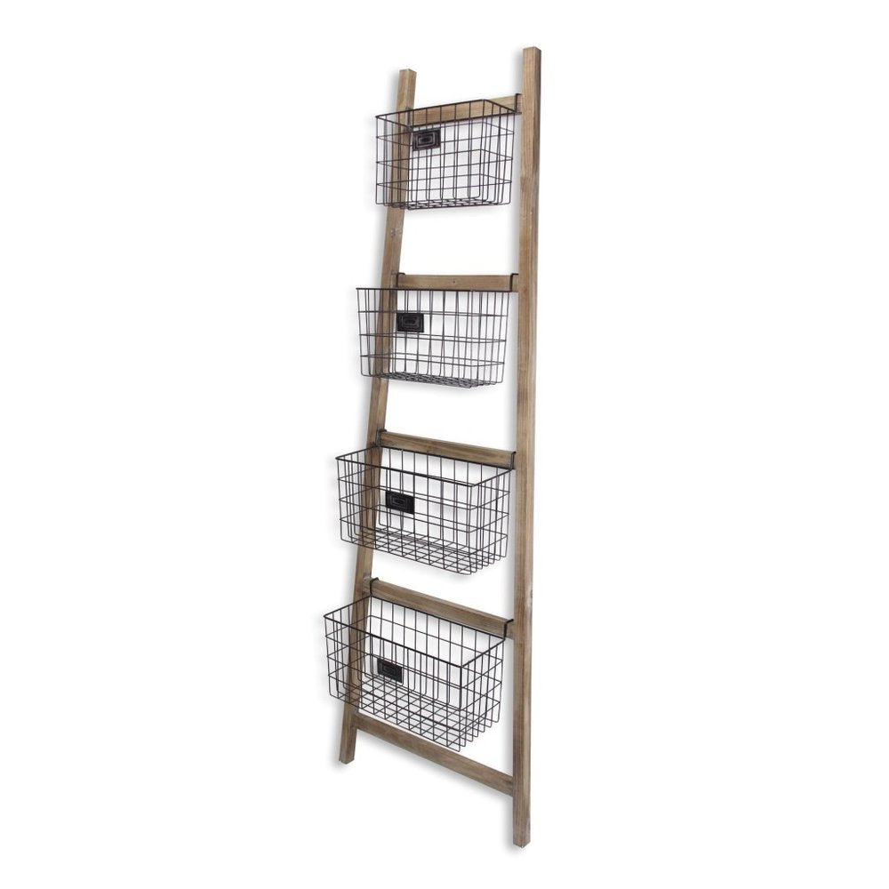 73" Natural And Black Wood And Metal Storage Ladder With Baskets HomeRoots