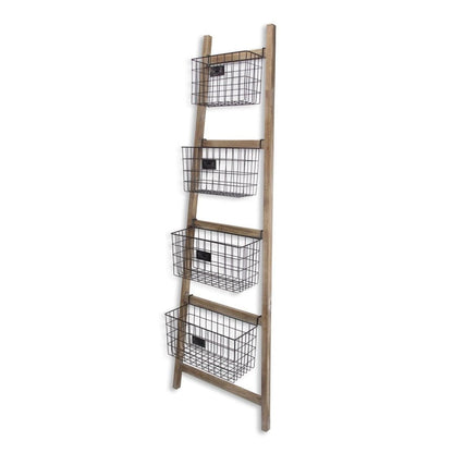 73" Natural And Black Wood And Metal Storage Ladder With Baskets HomeRoots