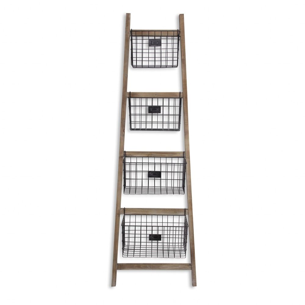 73" Natural And Black Wood And Metal Storage Ladder With Baskets HomeRoots