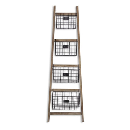 73" Natural And Black Wood And Metal Storage Ladder With Baskets HomeRoots