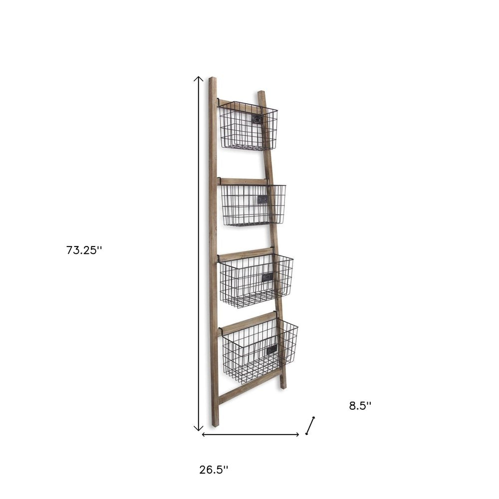 73" Natural And Black Wood And Metal Storage Ladder With Baskets HomeRoots