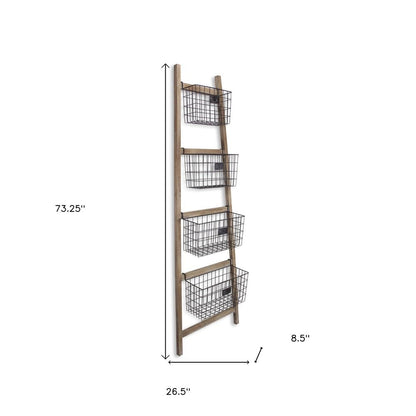 73" Natural And Black Wood And Metal Storage Ladder With Baskets HomeRoots