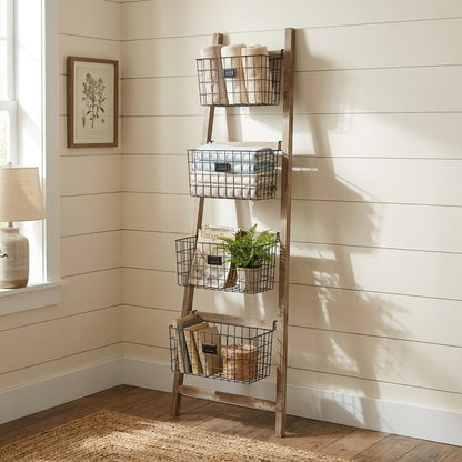 73" Natural And Black Wood And Metal Storage Ladder With Baskets HomeRoots