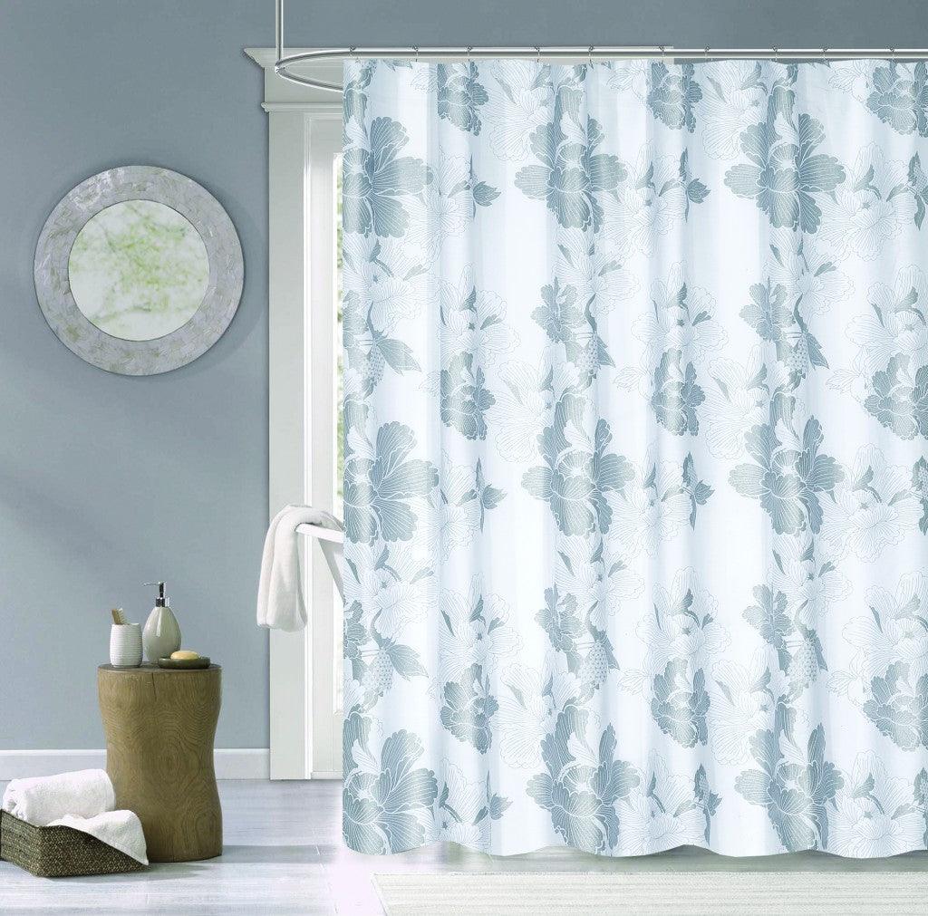 Silver and White Floral Printed Shower Curtain - FurniFindUSA