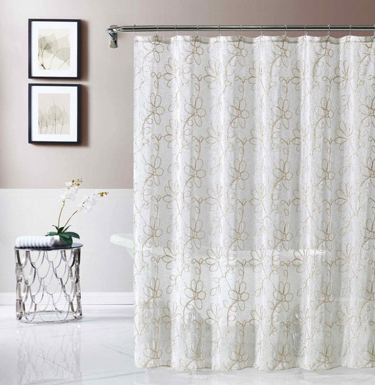 Tan and White Floral Embroider Shower Curtain - FurniFindUSA