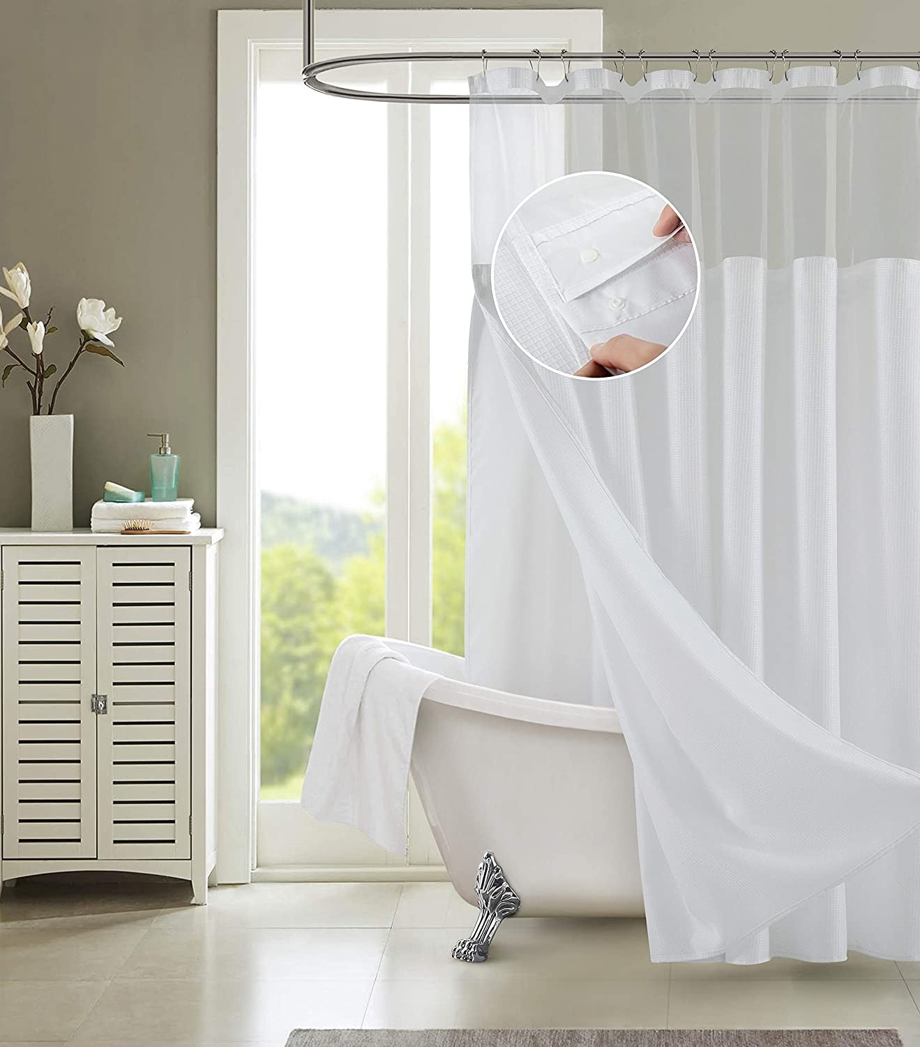 White Sheer and Grid Shower Curtain and Liner Set