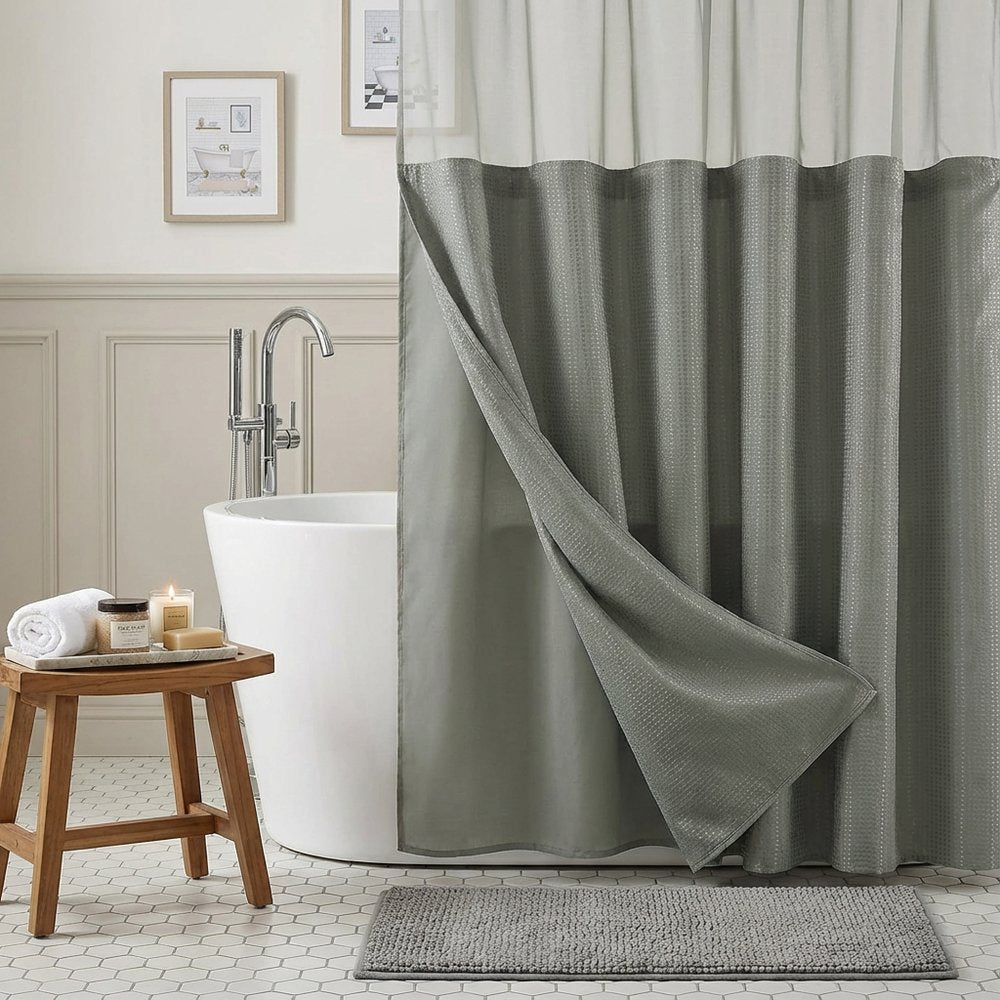 Gray Sheer and Grid Shower Curtain and Liner Set HomeRoots