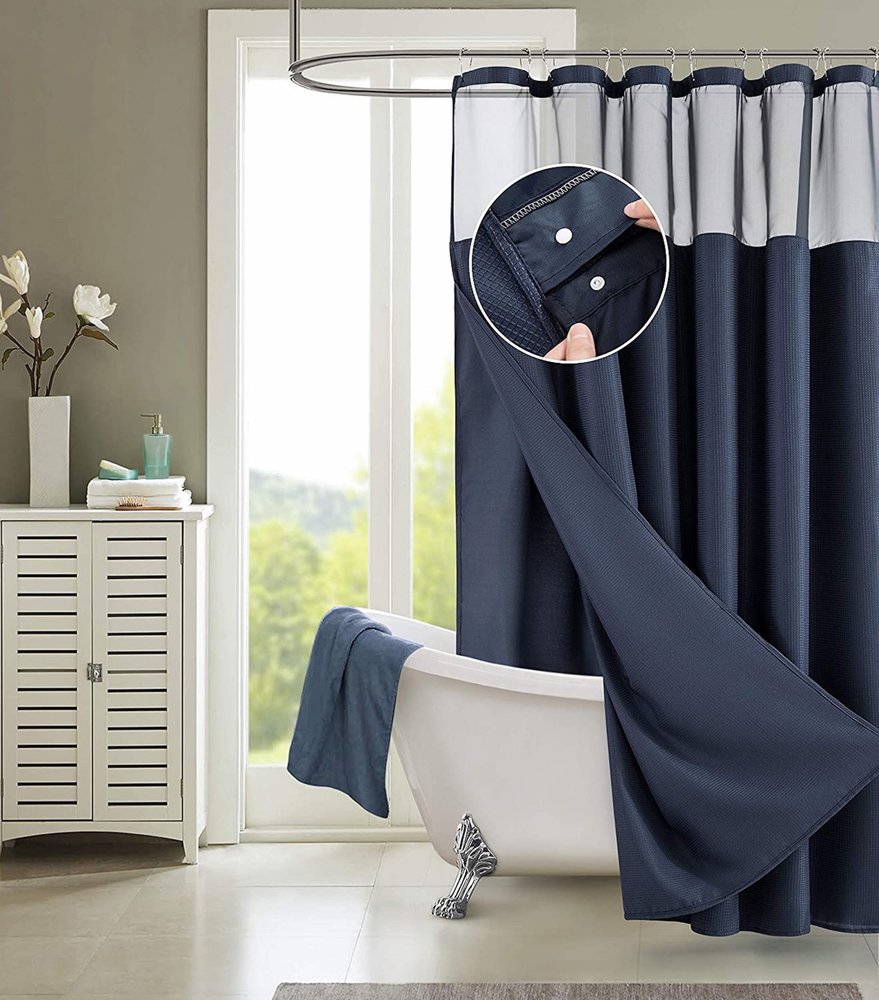Navy Modern Grid Shower Curtain and Liner Set HomeRoots
