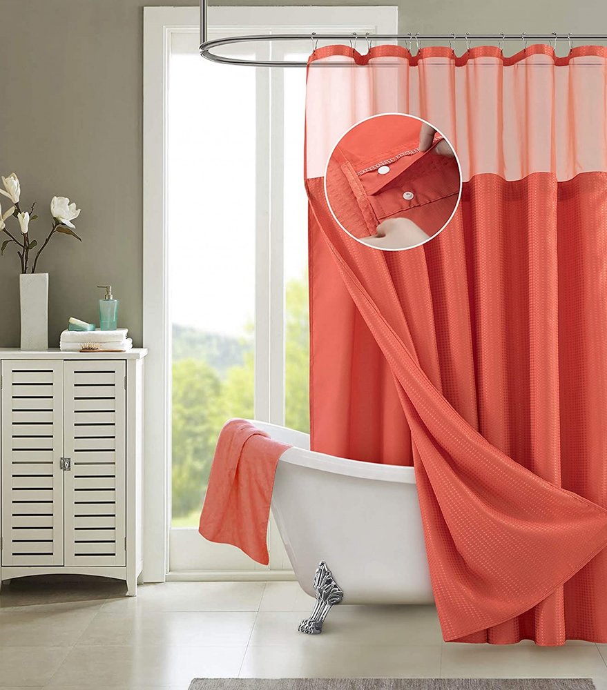 Coral Sheer and Grid Shower Curtain and Liner Set HomeRoots