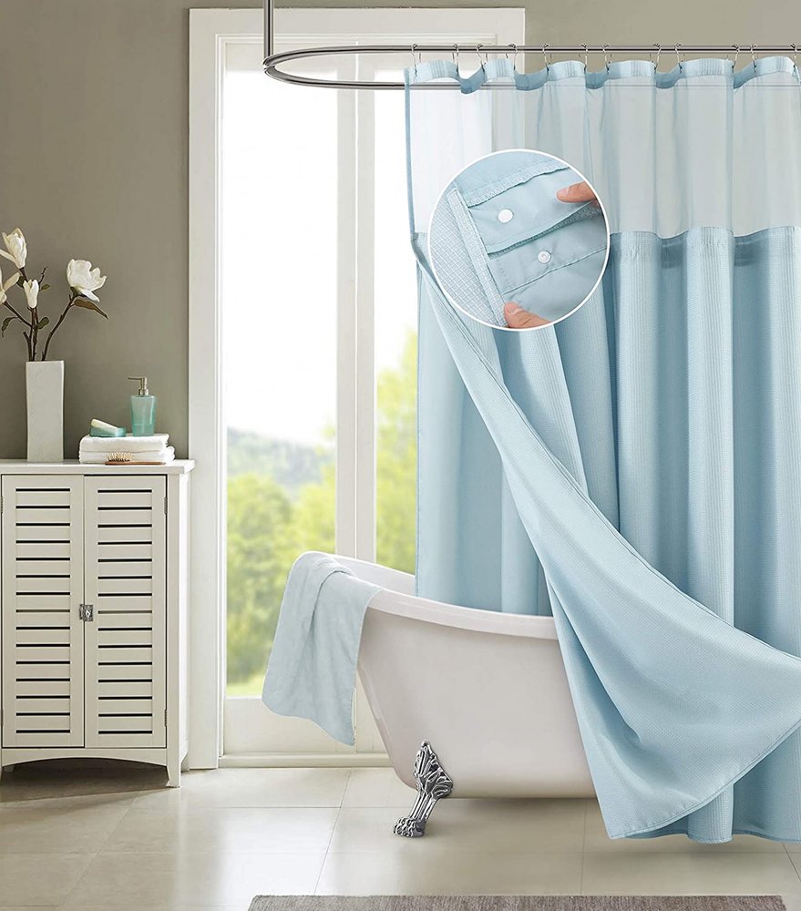 Light Blue Sheer and Grid Shower Curtain and Liner Set HomeRoots