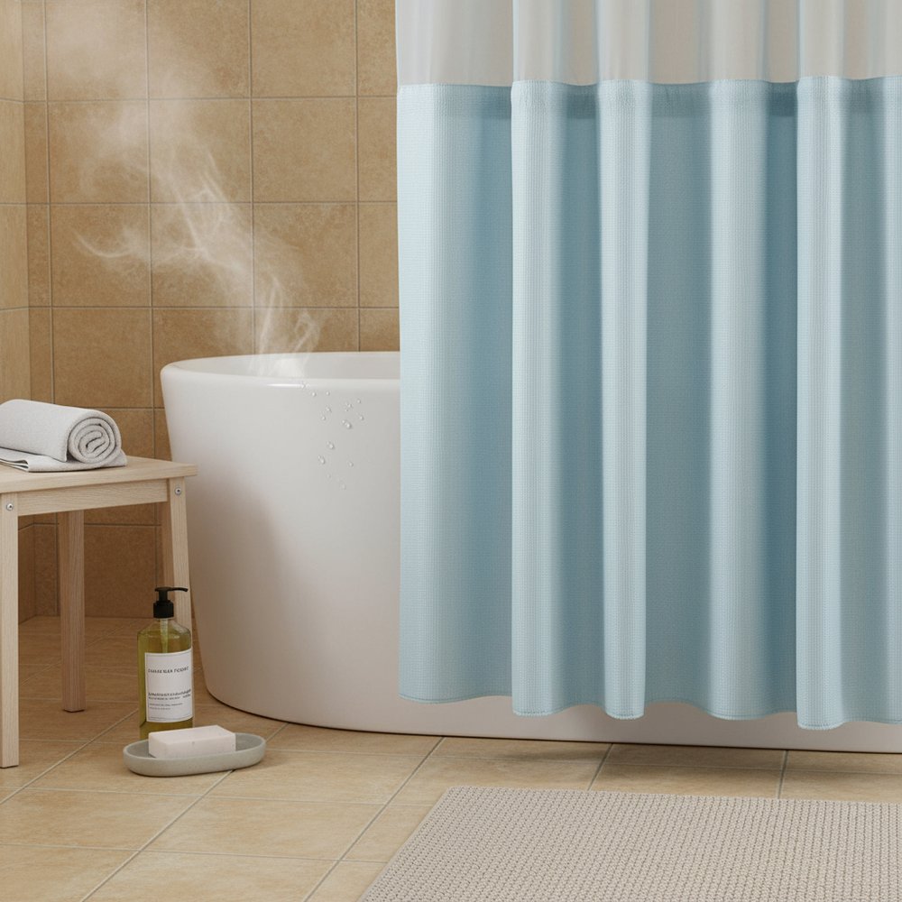 Light Blue Sheer and Grid Shower Curtain and Liner Set HomeRoots