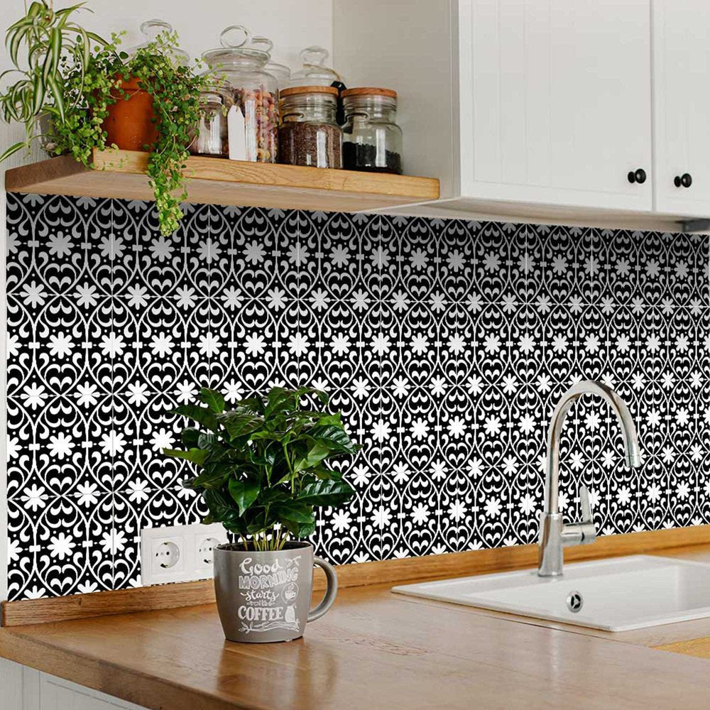 4" X 4" Black and White Floral Peel and Stick Removable Tiles HomeRoots