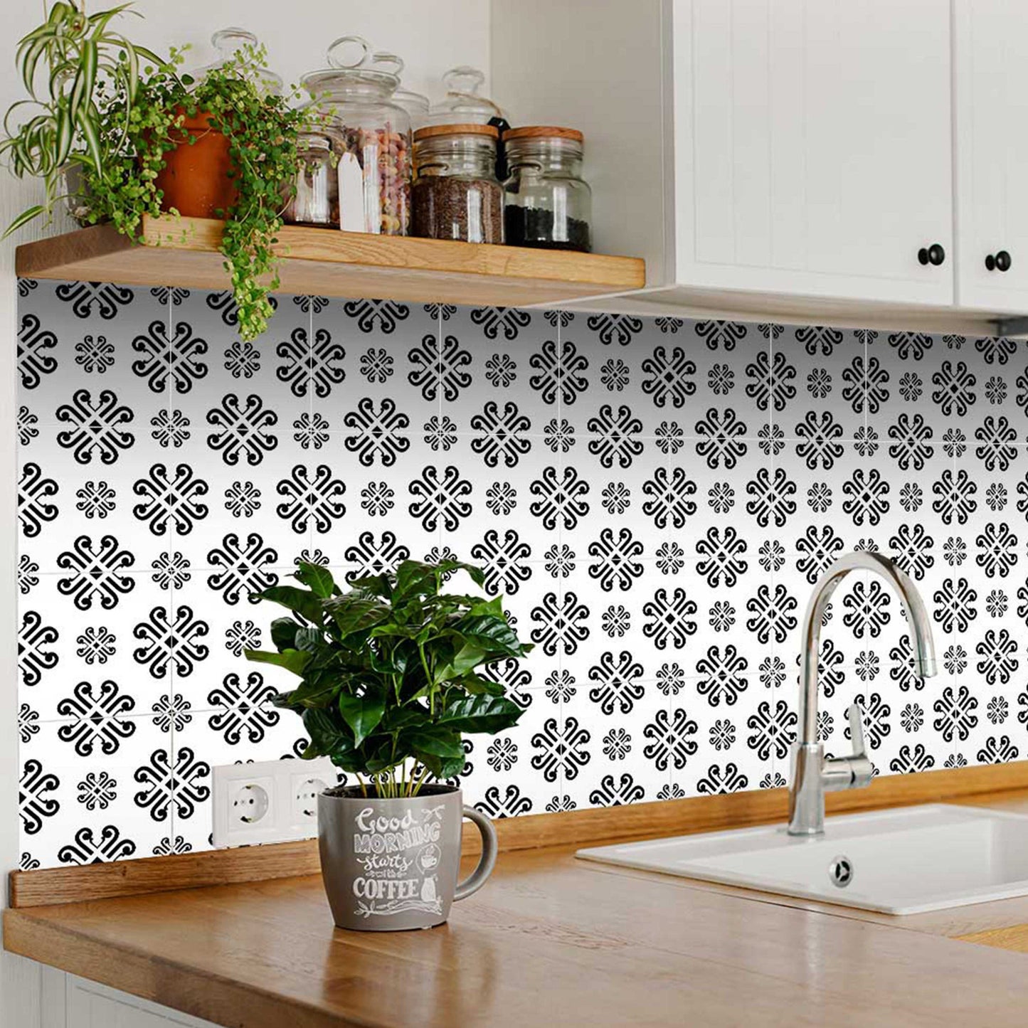5" X 5" Black and White Daisy Peel and Stick Removable Tiles