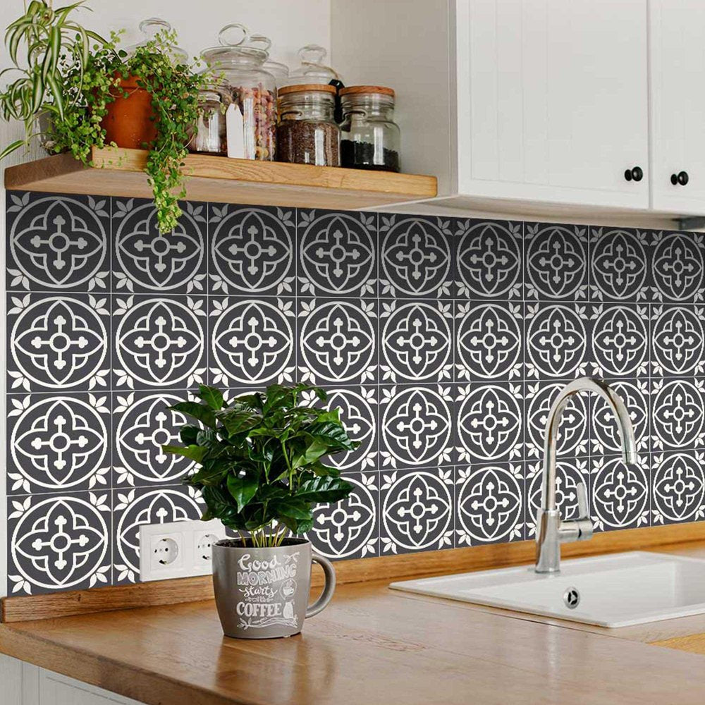 12" x 12" Black And White Vinyl Arabesque Peel And Stick Removable Tiles HomeRoots