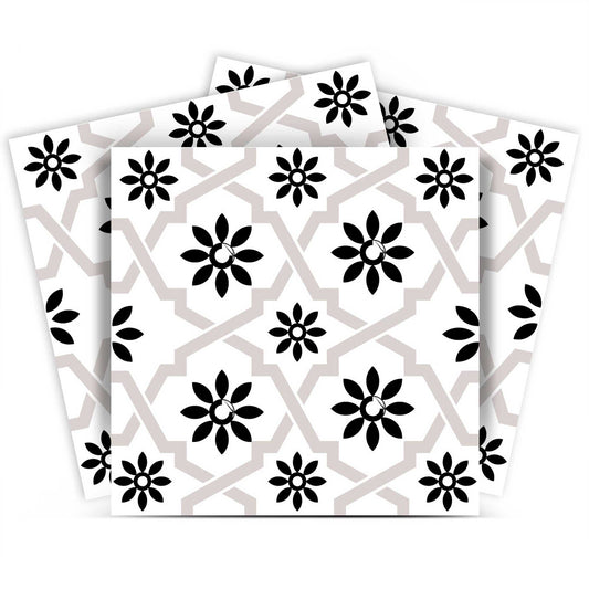 4" X 4" Black and White Lil Daisy Peel and Stick Removable Tiles