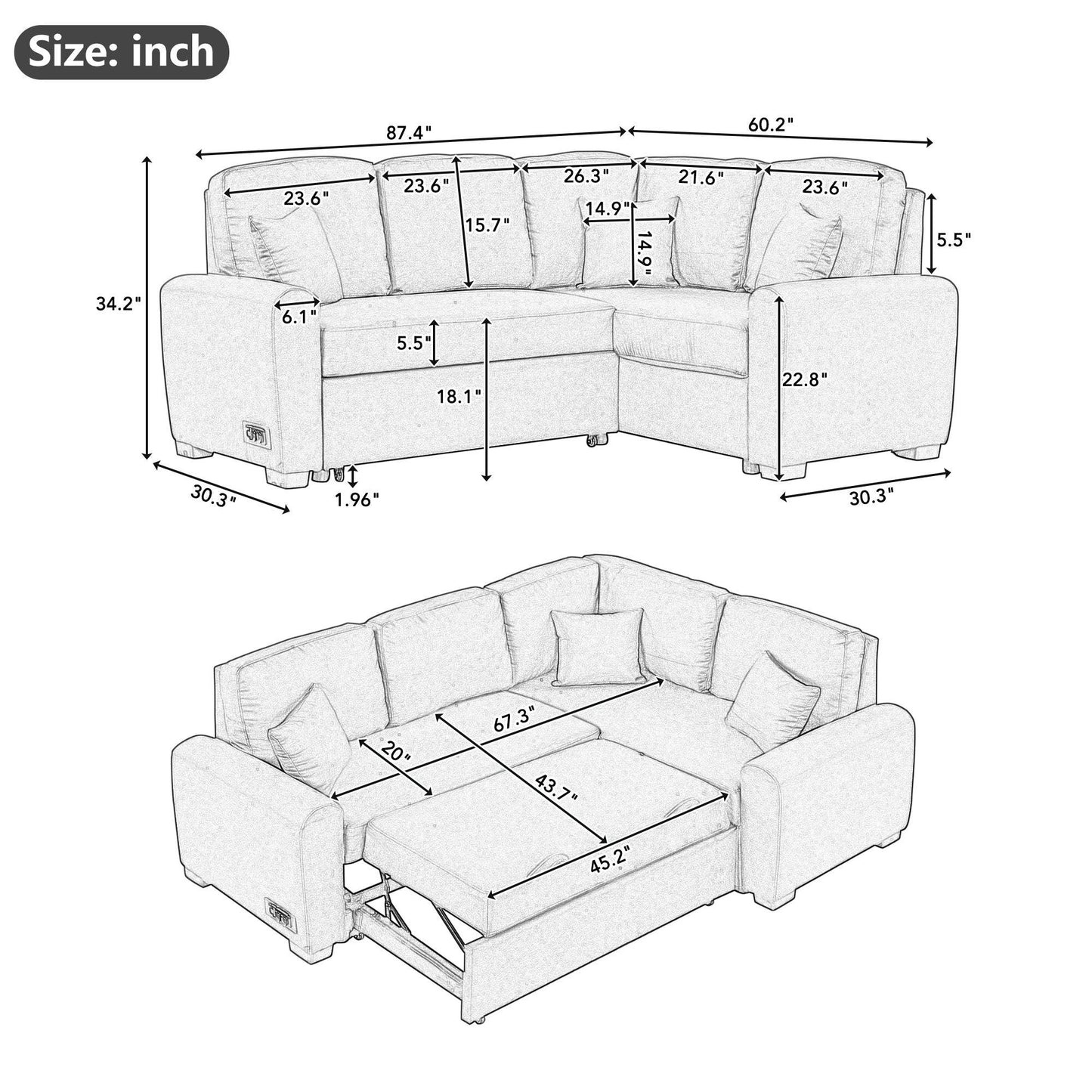 87.4"Sectional Sleeper Sofa with USB Charging Port and Plug Outlet Pull-Out Sofa Bed with 3 Pillows Grey - FurniFindUSA