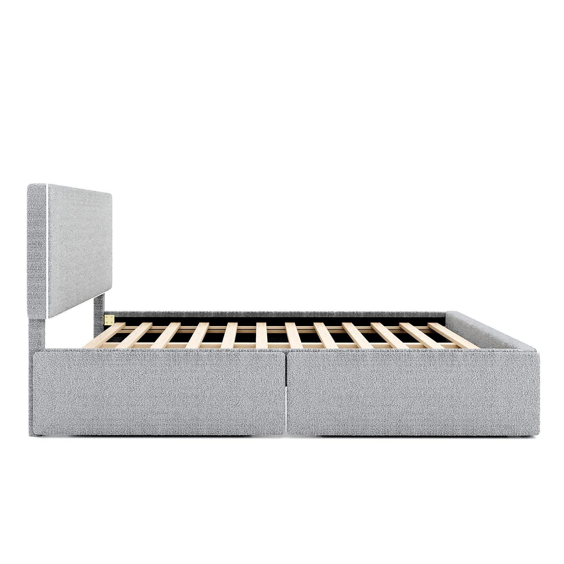 Upholstered Platform Bed with 4 Drawers and White Edge on the Headboard & Footboard, Gray - FurniFindUSA