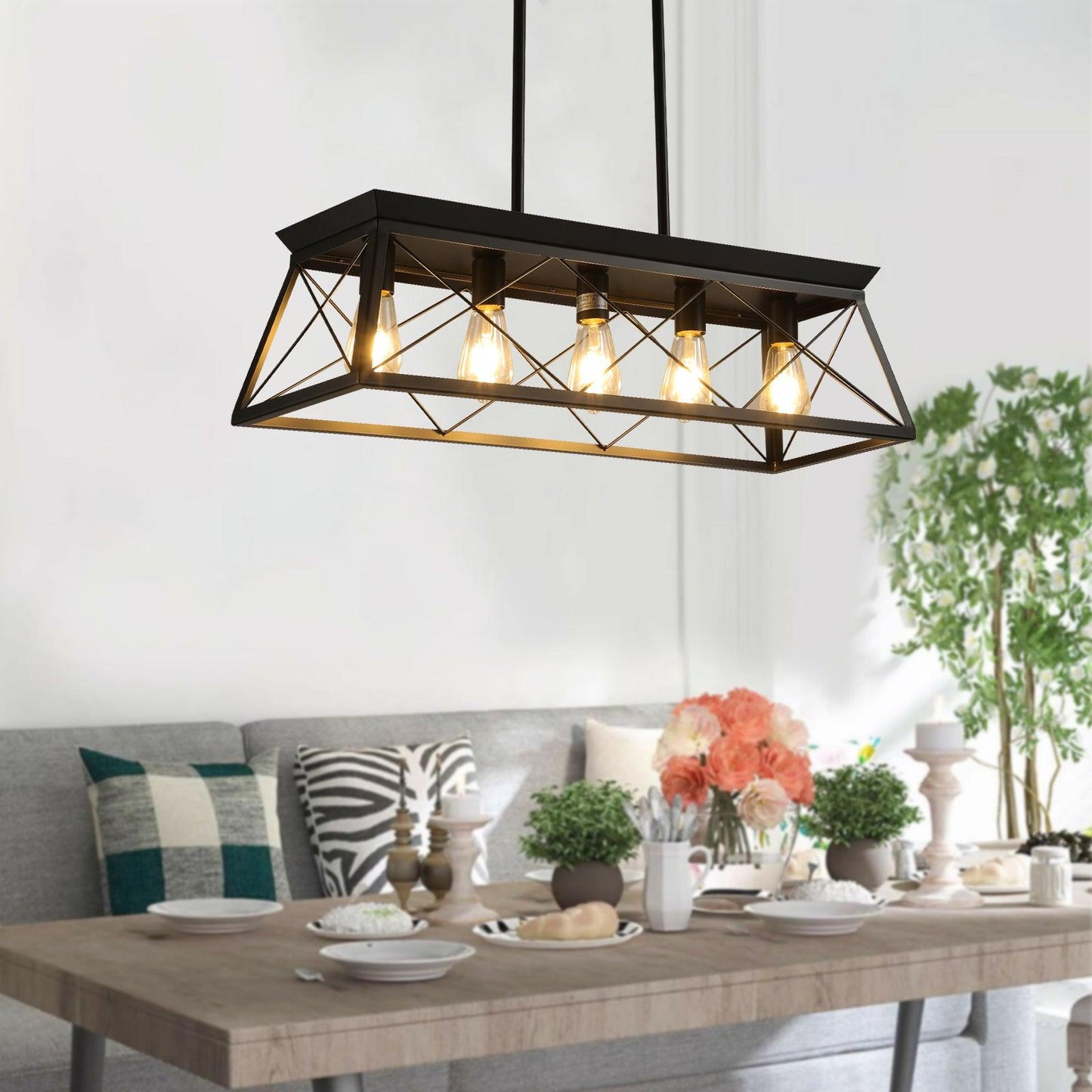 5-Light Farmhouse Chandeliers for Dining Room Modern Rectangular Island Lights Living Room(No Bulbs) - FurniFindUSA