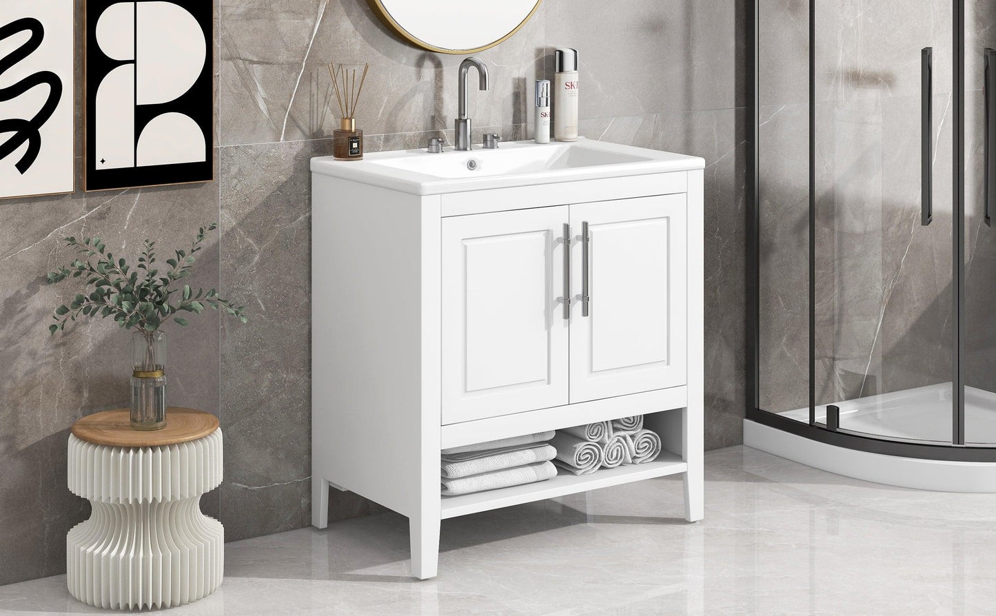 30" Bathroom Vanity with Sink Multi-functional Bathroom Cabinet with Doors and Drawers Solid Frame and MDF Board, White - FurniFindUSA