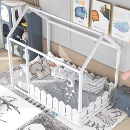 {Slats are not included}Twin Size Wood Bed House Bed Frame with Fence for KidsTeens Girls Boys {White} - FurniFindUSA