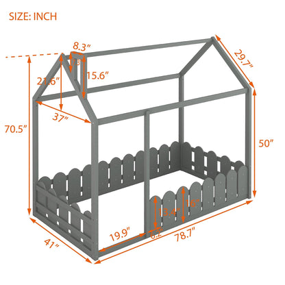 {Slats are not included}Twin Size Wood Bed House Bed Frame with Fence for Kids Teens Girls Boys {Gray} - FurniFindUSA