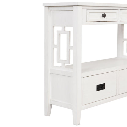 36'' Farmhouse Pine Wood Console Table Entry Sofa Table with 4 Drawers & 1 Storage Shelf (Antique White) - FurniFindUSA