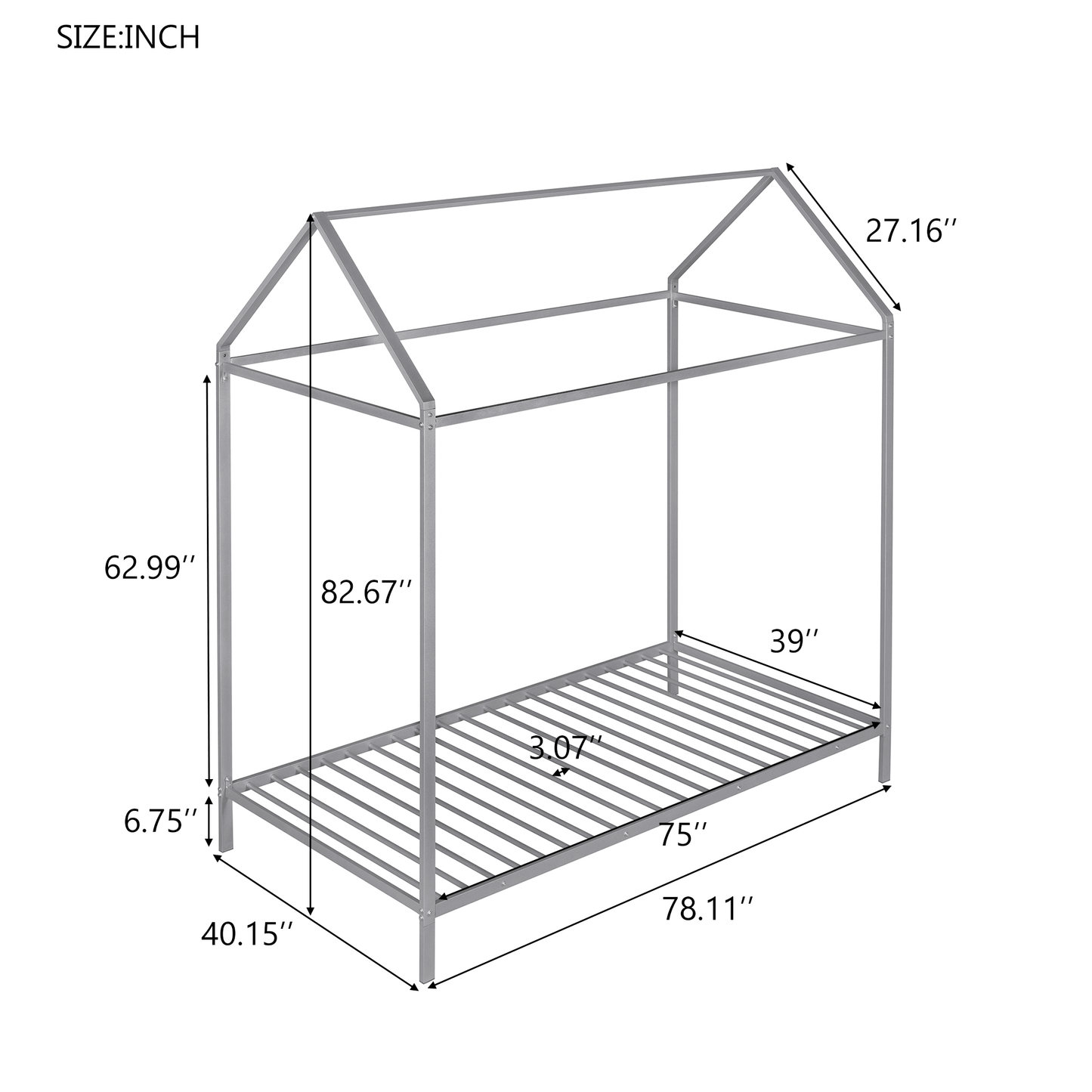 House Bed Frame Twin Size Kids Bed Frame Metal Platform Bed Floor Bed for Kids Boys Girls No Box Spring Needed Silver - FurniFindUSA