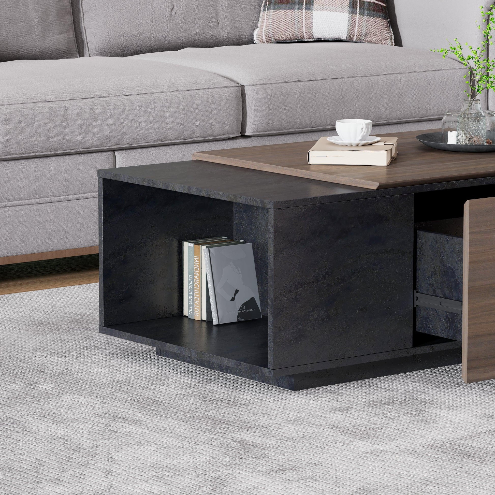 47 Inch Modern Farmhouse Drawer Coffee Table for Living Room or Office Armando & Texture Black - FurniFindUSA