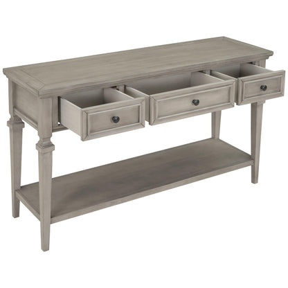 TREXM Classic Retro Style Console Table with Three Top Drawers and Open Style Bottom Shelf (Gray Wash) - FurniFindUSA