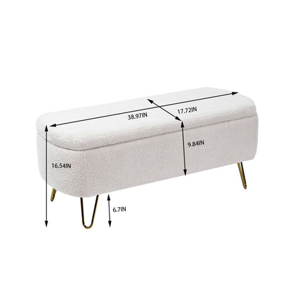 Ivory White Storage Ottoman Bench for End of Bed Gold Legs - FurniFindUSA