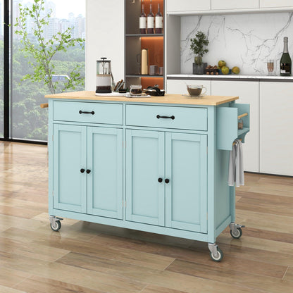 Kitchen Island Cart with 4 Door Cabinet and Two Drawers and 2 Locking Wheels - Solid Wood Top (Mint Green) - FurniFindUSA