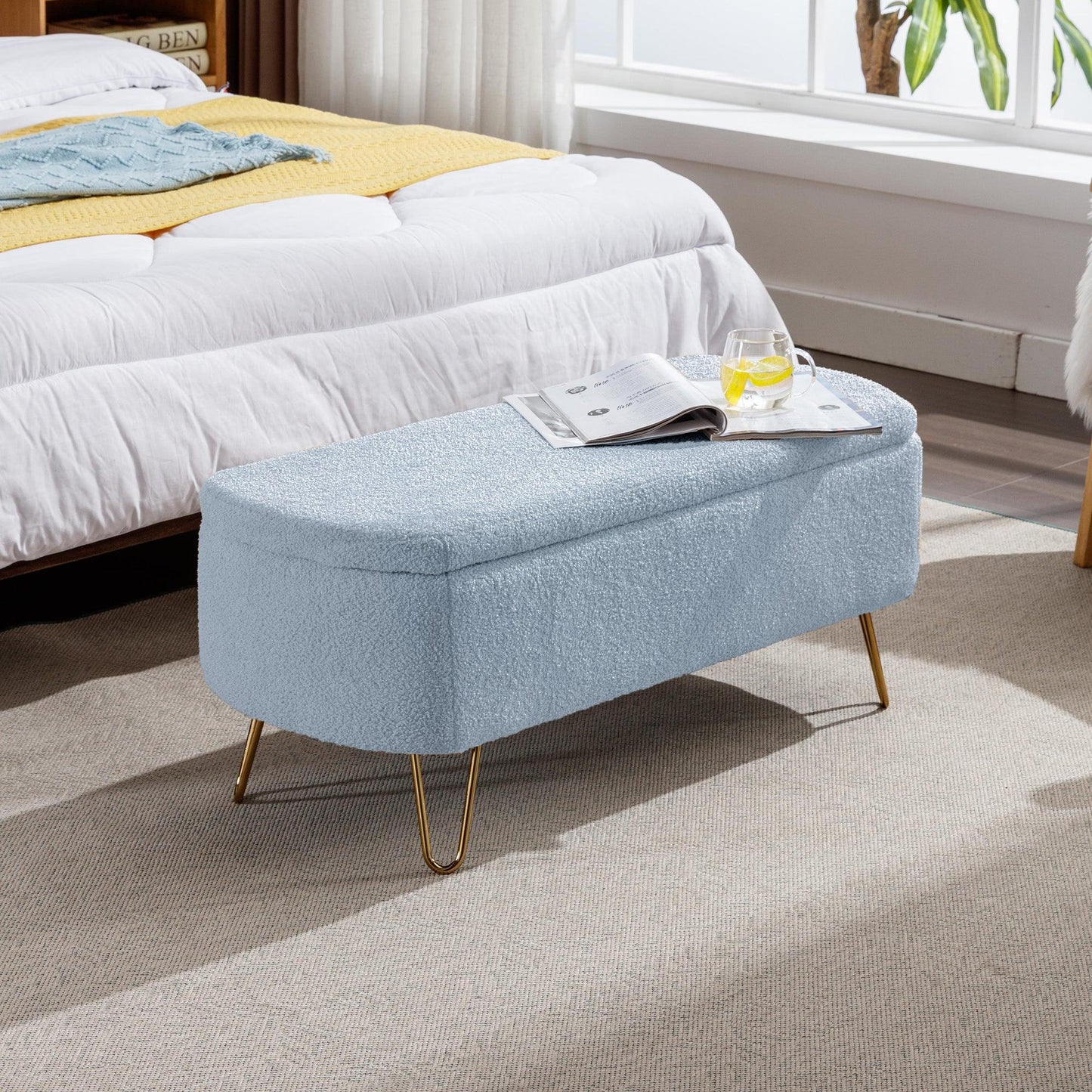 Blue Storage Ottoman Bench for End of Bed Gold Legs - FurniFindUSA