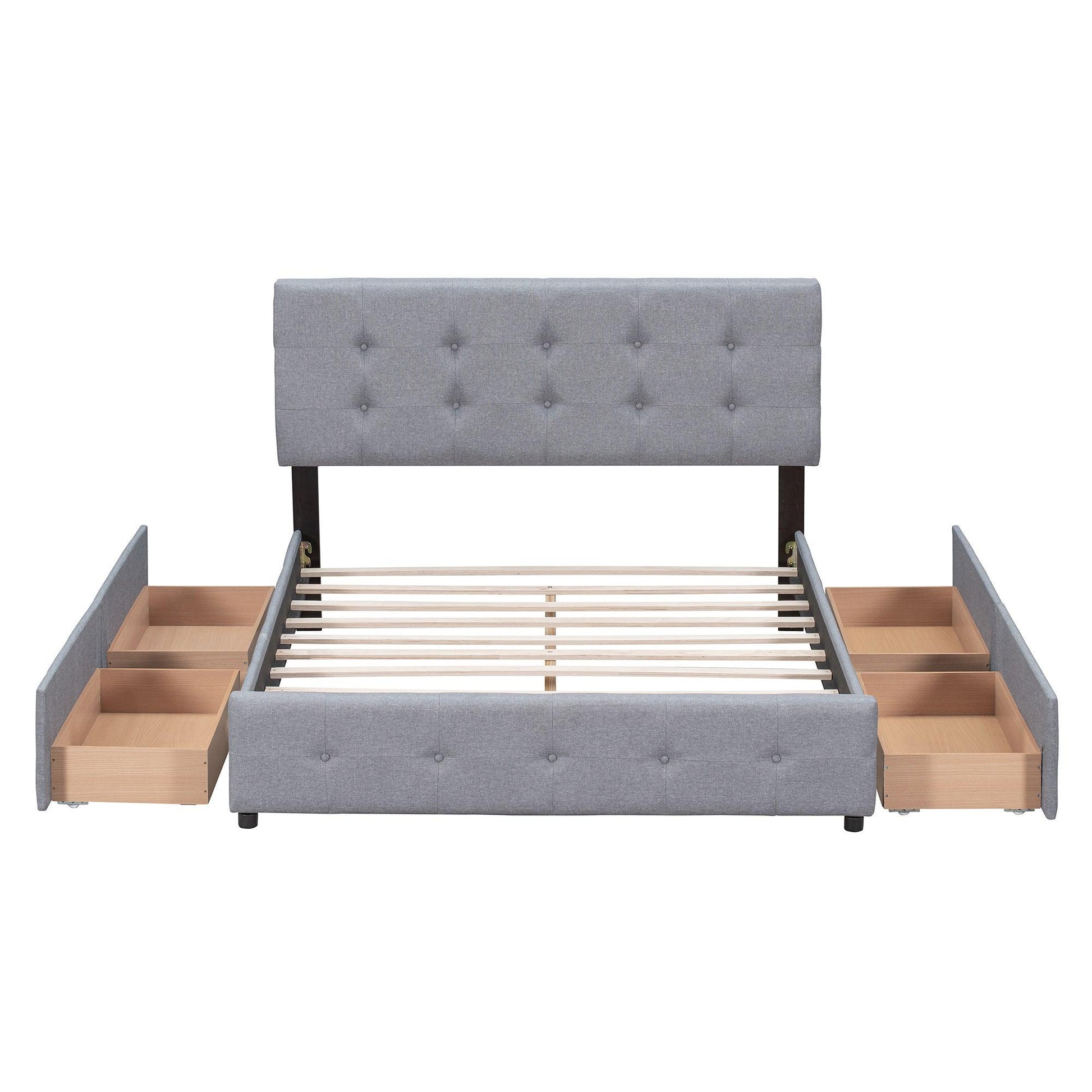 Upholstered Platform Bed with Classic Headboard and 4 Drawers No Box Spring Needed Linen Fabric Queen Size Light Gray - FurniFindUSA