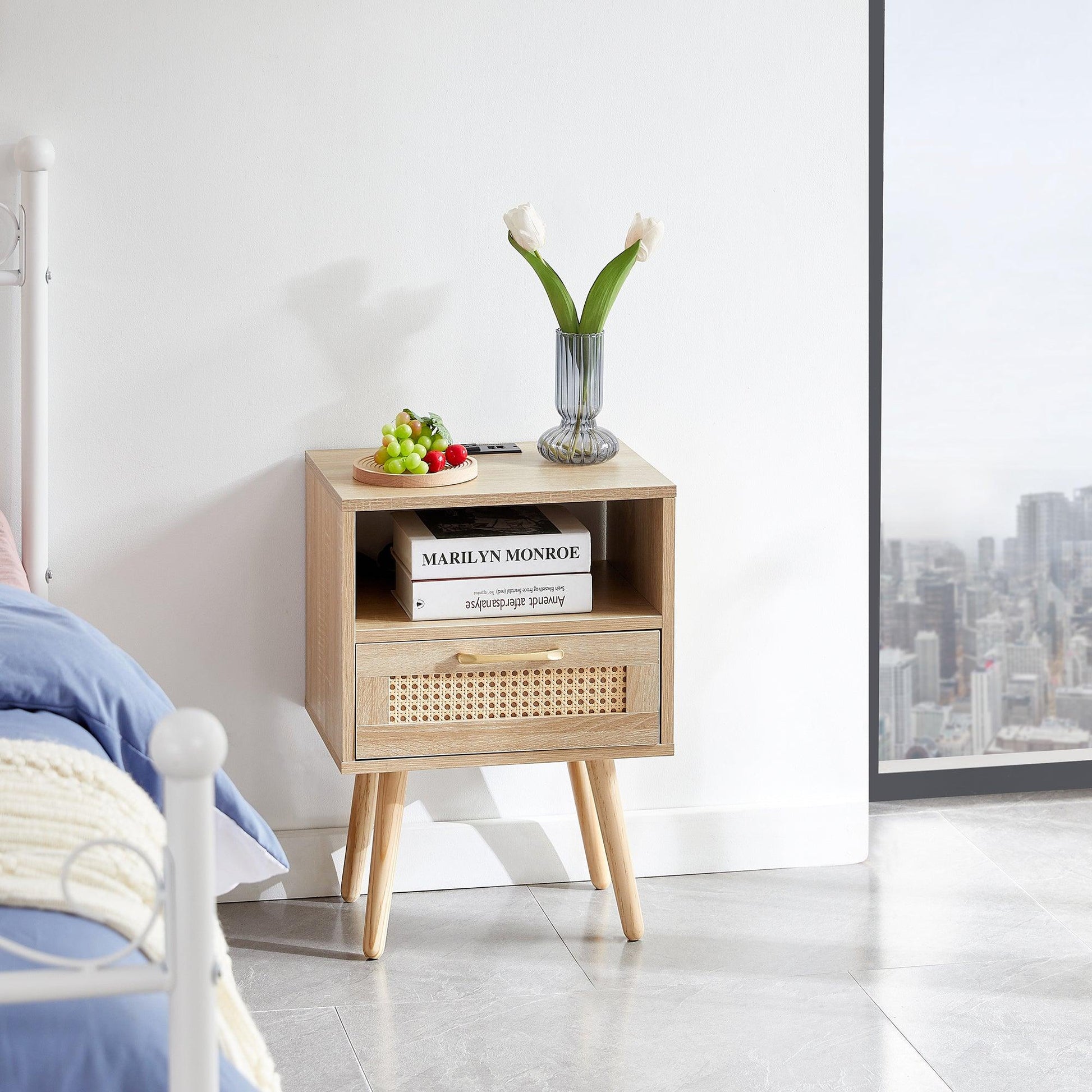 15.75" Rattan End table with Power Outlet & USB Ports Modern nightstand with drawer and solid wood legs - FurniFindUSA