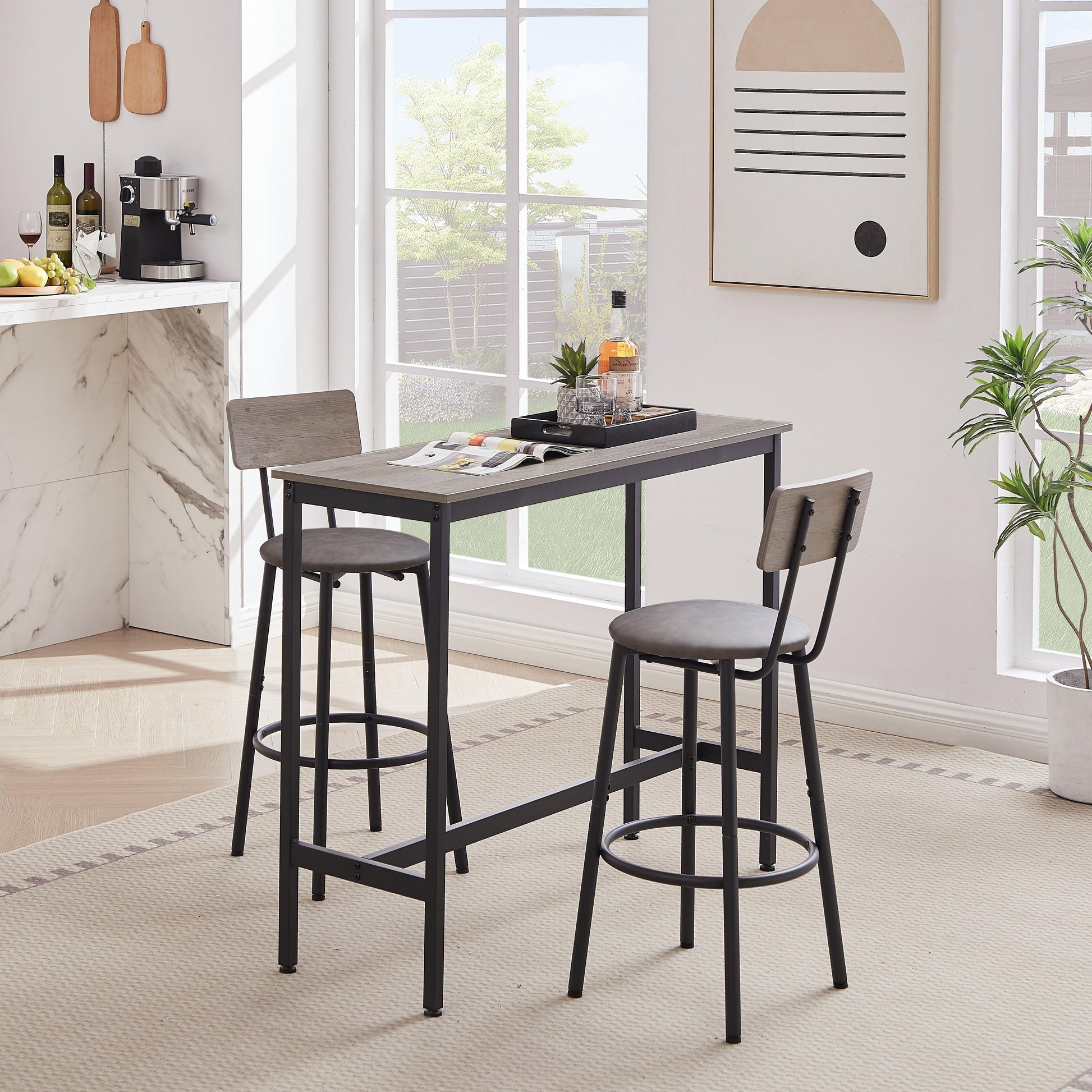 Bar Table Set with 2 Bar stools PU Soft seat with backrest Grey 43.31'' L x 15.75'' W x 35.43'' H - FurniFindUSA