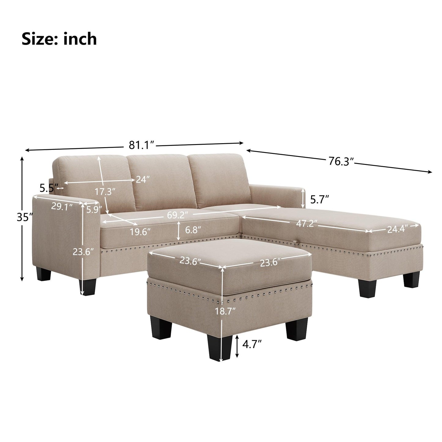 81.1*76.3*35" Reversible Sectional Couch with Storage Ottoman L-Shaped Sofa Warm Grey - FurniFindUSA