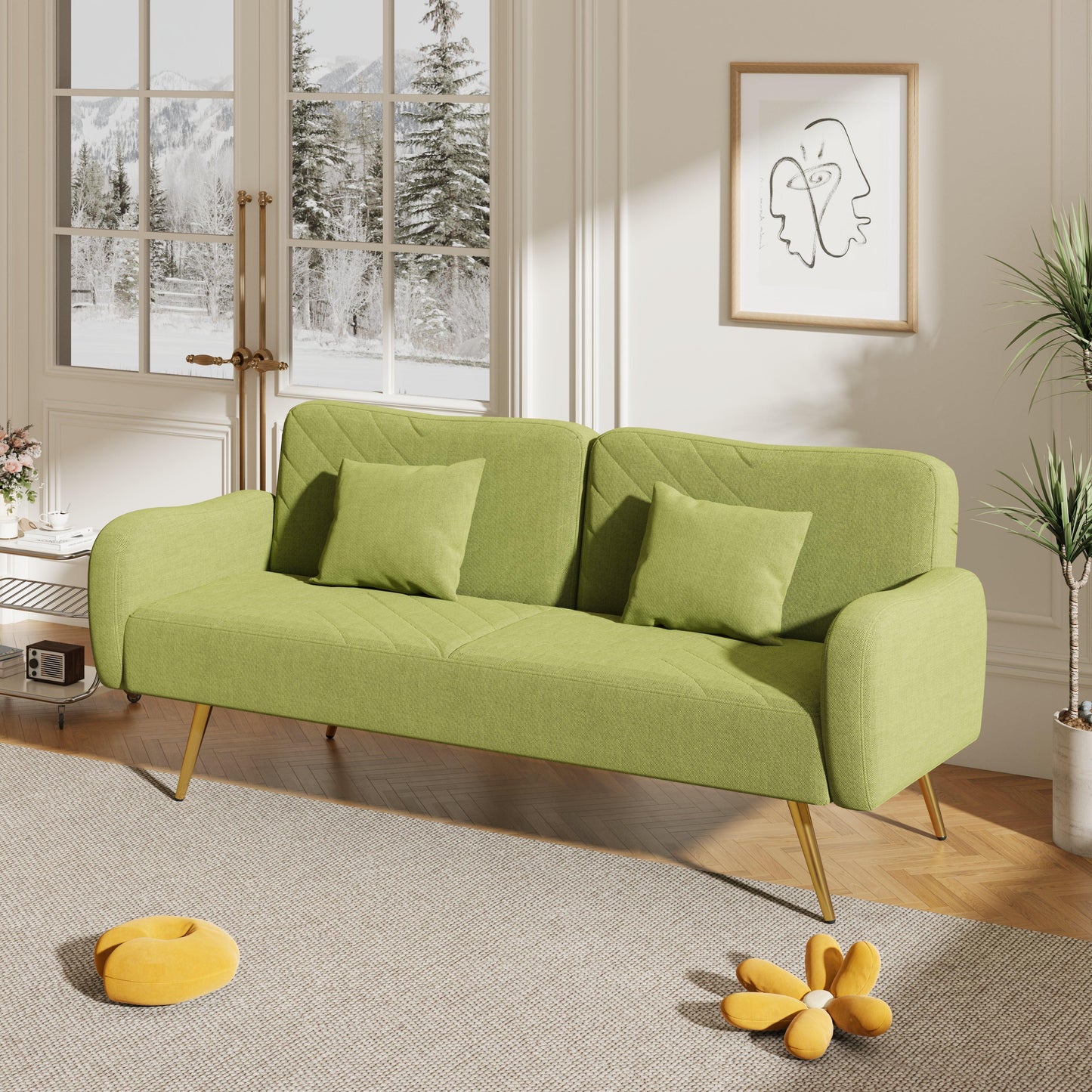 70.47" Green Fabric Double Sofa with Split Backrest and Two Throw Pillows - FurniFindUSA