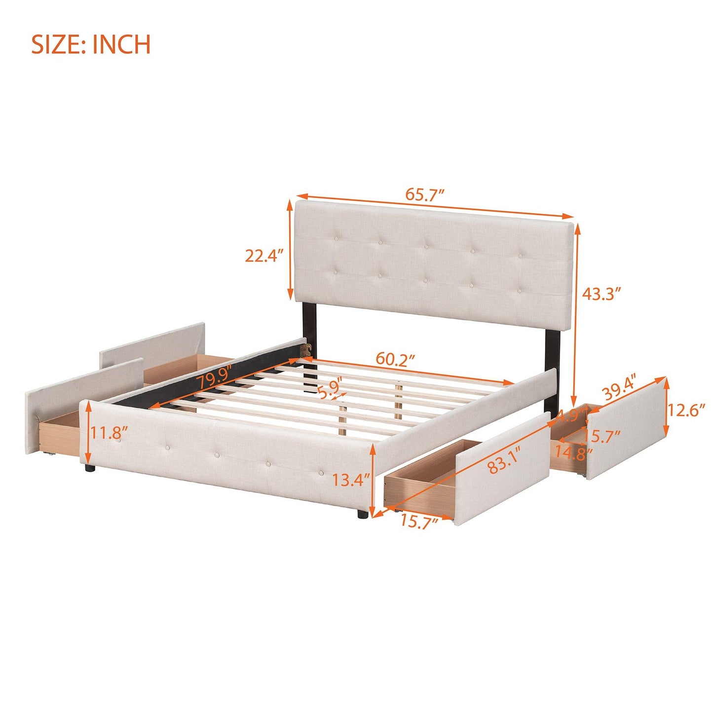 Upholstered Platform Bed with Classic Headboard and 4 Drawers No Box Spring Needed Linen Fabric Queen Size Beige - FurniFindUSA