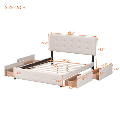 Upholstered Platform Bed with Classic Headboard and 4 Drawers No Box Spring Needed Linen Fabric Queen Size Beige - FurniFindUSA